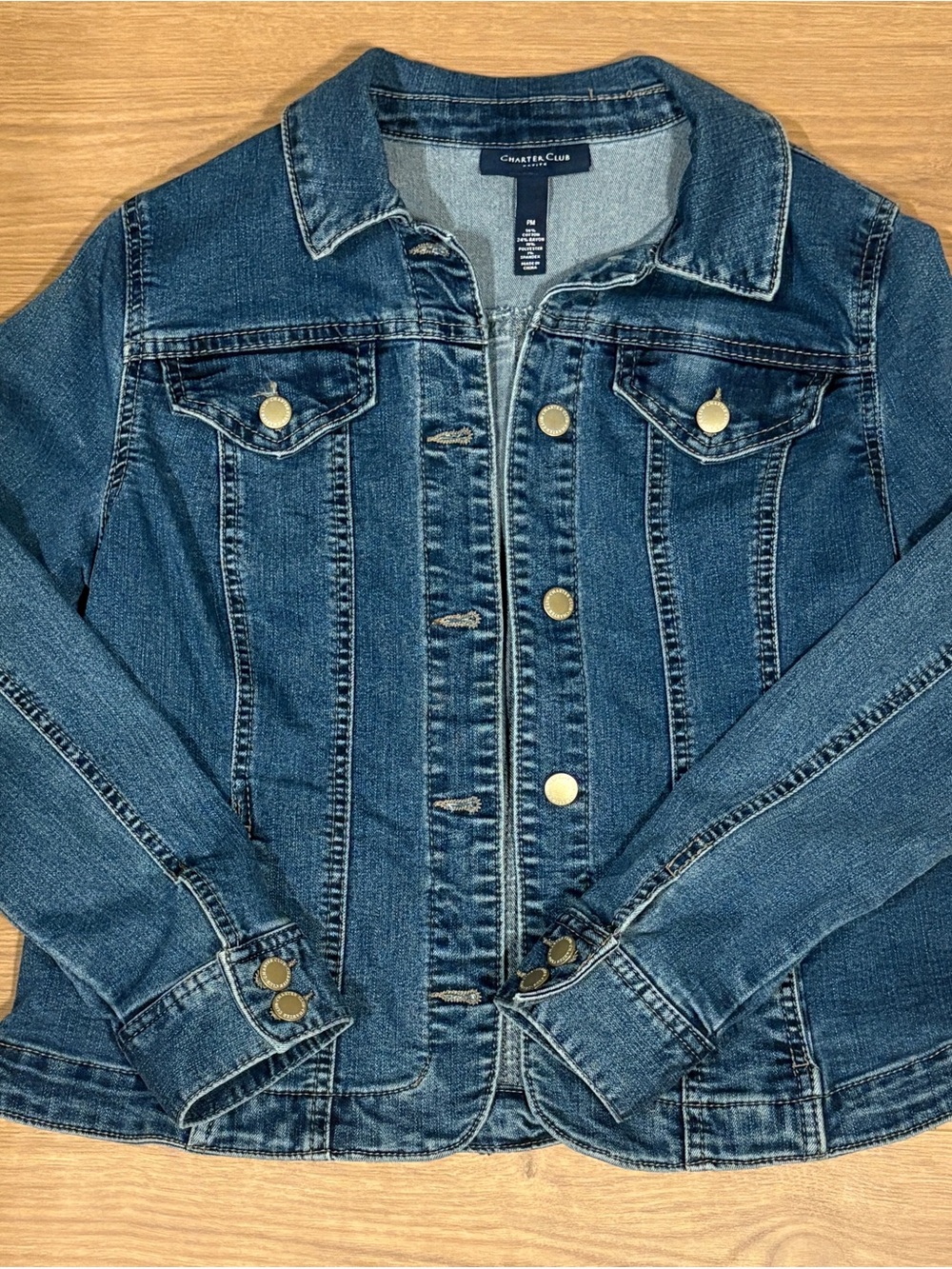 Charter Club Dark Blue Denim Jean Jacket with Brass Buttons